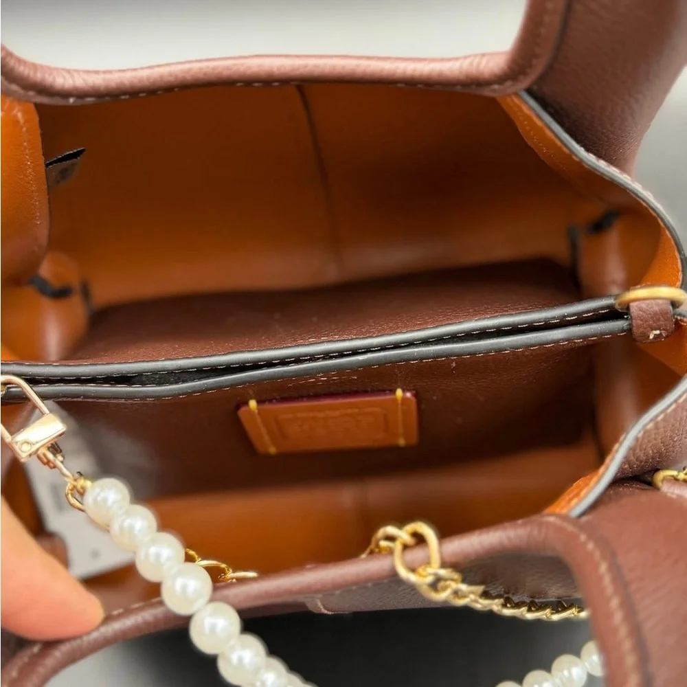 Coach Brown Leather Shoulder Bag with Pearl Chain - Picture 9 of 9